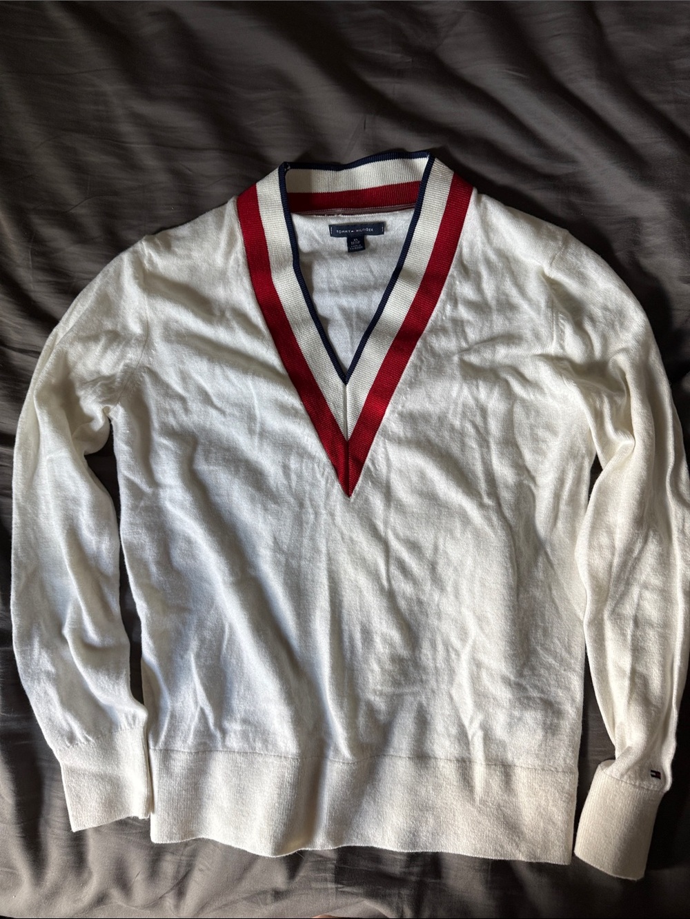 Tommy Hilfiger Cream V-Neck Sweater with Red & Blue Trim